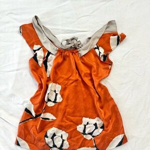 100% Silk Off Shoulder Top Orange Abstract Floral Tie Neck — Mint By Jodi Arnold